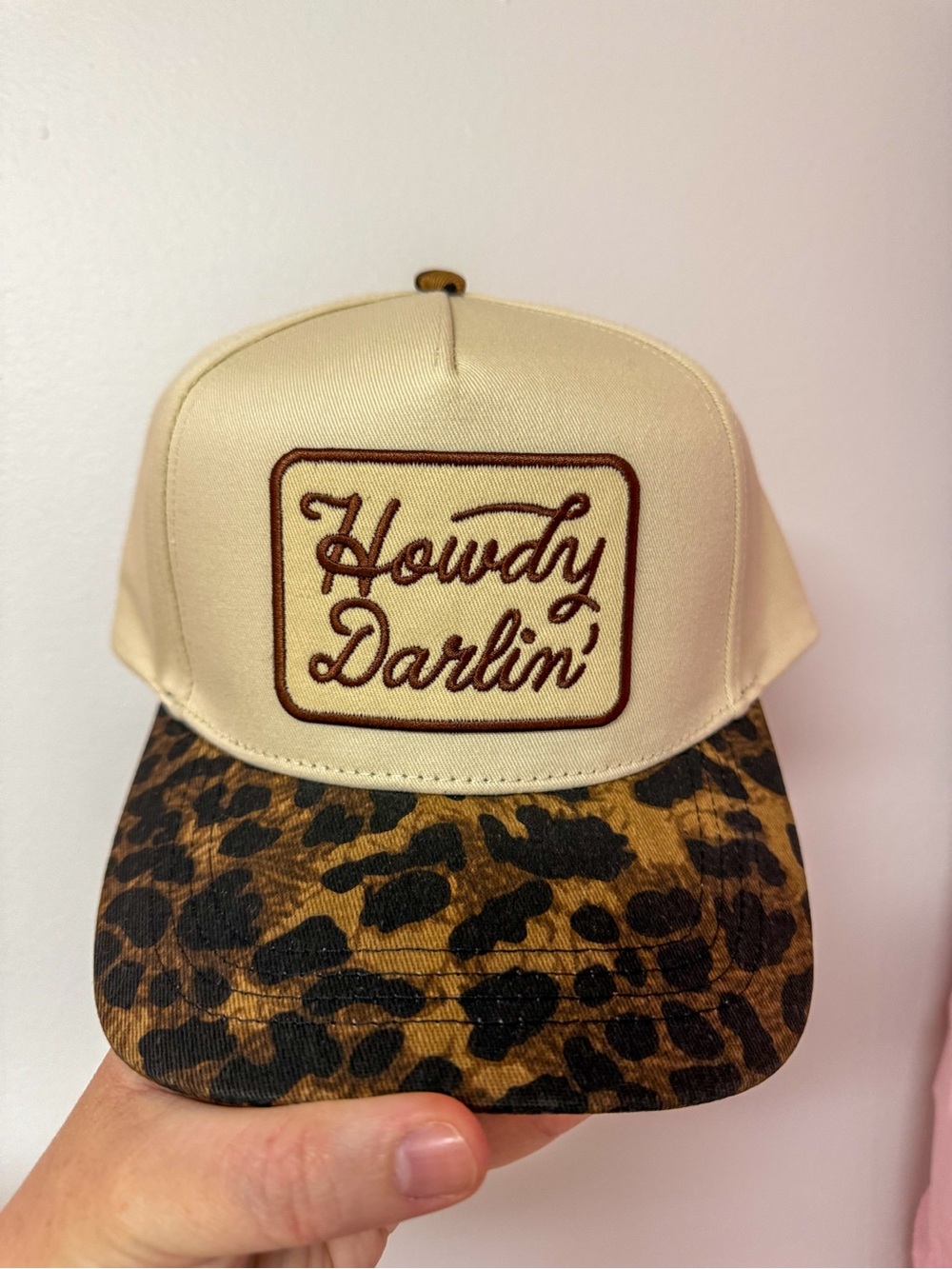 Beige Leopard-Print Trucker Hat with 'Howdy Darlin'' Patch